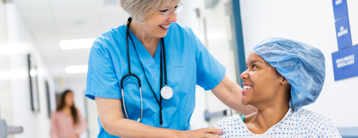 Doctor or nurse with patient post-surgery, surgery recovery conversation